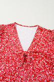 Red Boho Floral Printed Half Sleeve Knotted V Neck Blouse