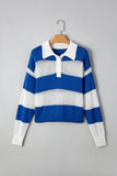 Blue Stripe Colorblock Polo Collar Eyelet Crochet Knitted Sweater