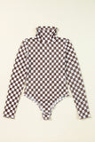 Brown Checkered Printed Long Sleeve High Neck Bodysuit