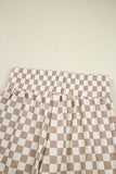 Khaki Checkered Long Sleeve Crop Top High Waist Skort 2pcs Set
