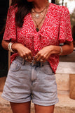 Red Boho Floral Printed Half Sleeve Knotted V Neck Blouse