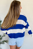 Blue Stripe Colorblock Polo Collar Eyelet Crochet Knitted Sweater