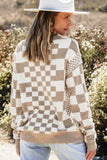 Khaki Checkered Print Drop Shoulder Round Neck Sweater