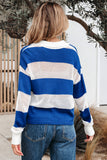 Blue Stripe Colorblock Polo Collar Eyelet Crochet Knitted Sweater