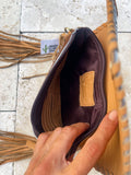 THE DELILAH CROSSBODY purse clutch western cowhide leather: BROWN + TURQUOISE SPECS