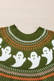 Jungle Green Halloween Ghost Pattern Drop Shoulder Sweater