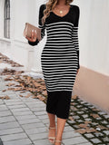 Striped V-Neck Long Sleeve Sweater Dress