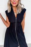 Black Sleeveless Zipped Front V Neck Shirred Waist Maxi Dress