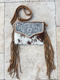 THE DELILAH CROSSBODY purse clutch western cowhide leather: BROWN + TURQUOISE SPECS