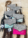 THE DELILAH CROSSBODY purse clutch western cowhide leather: BROWN + TURQUOISE SPECS