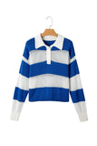 Blue Stripe Colorblock Polo Collar Eyelet Crochet Knitted Sweater