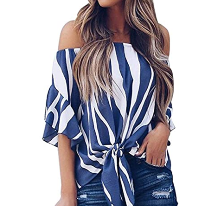 Striped 3/4 Bell Sleeve Off The Shoulder Front Tie Knot Top