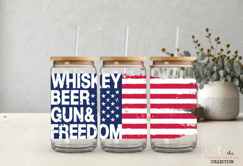 Whiskey, Beer, Gun, Freedom Glass Can Libbey Cup