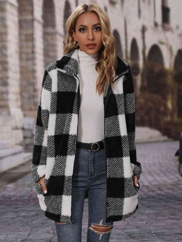 Plaid Collared Neck Coat with Pockets