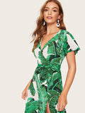 Surplice Neck Split Thigh Jungle Leaf Dress