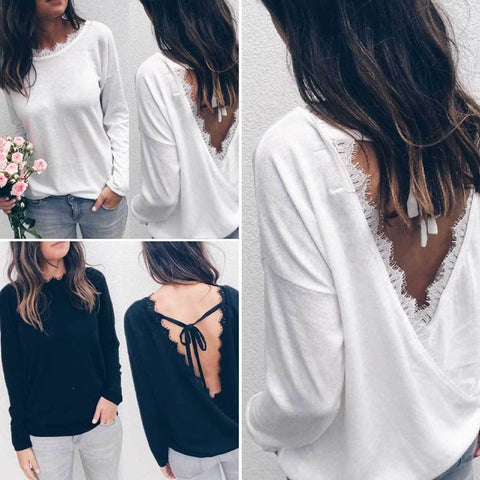 Made You Blush Open Back Lace Long Sleeve Top